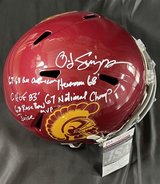 OJ Simpson Signed & 6x Stat Inscribed USC FS Replica Helmet (JSA Witnessed)