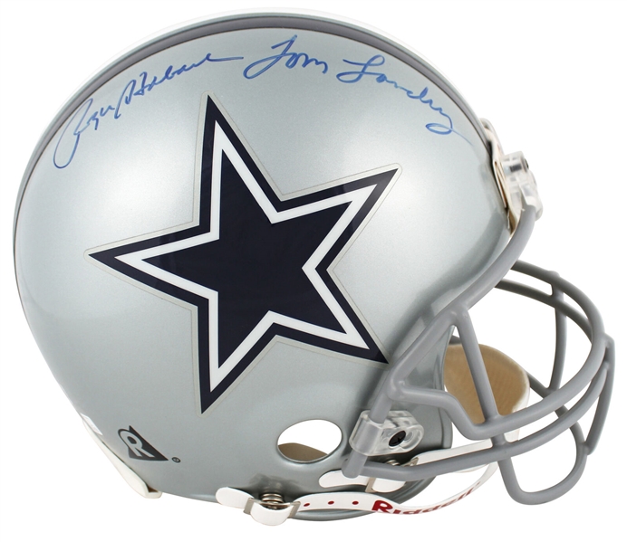 Cowboys Tom Landry & Roger Staubach Signed Full Size Proline Helmet BAS #AB76871