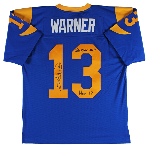 Kurt Warner Signed & Inscribed Blue Mitchell & Ness Rams Jersey (Beckett/BAS Witnessed)