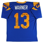 Kurt Warner Signed & Inscribed Blue Mitchell & Ness Rams Jersey (Beckett/BAS Witnessed)