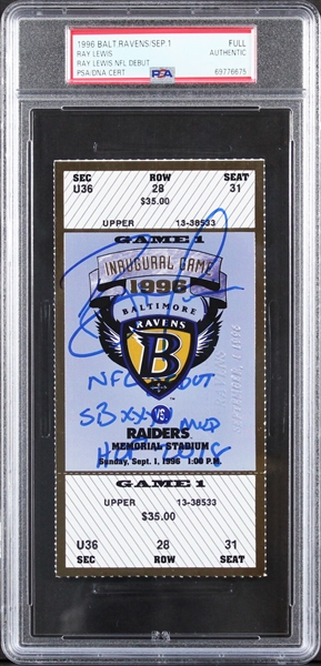 Ray Lewis Signed &  Inscribed" 1996 NFL Debut Ticket Stub (PSA/DNA Encapsulated)