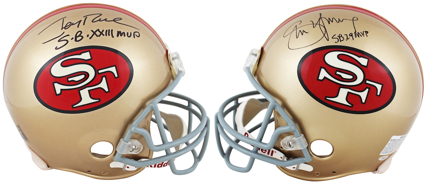 49ers Jerry Rice & Steve Young "SB MVP" Signed Full Size Proline Helmet Tri Star