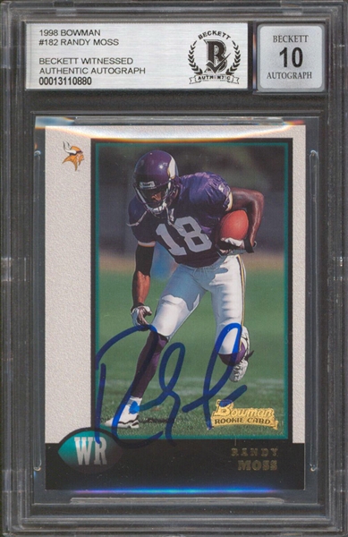Randy Moss Signed 1998 Bowman #182 Rookie Card w/ Gem Mint 10 Auto! (Beckett/BAS Encapsulated)