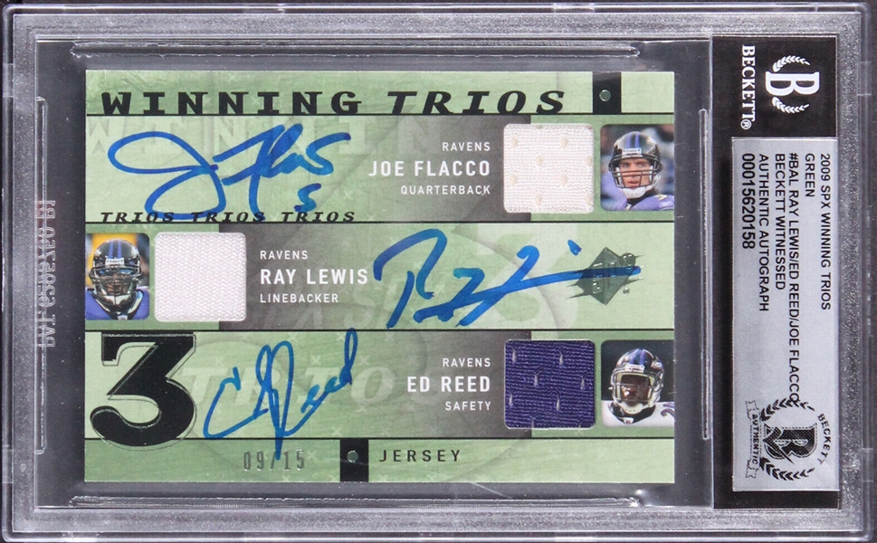 Ravens: Flacco, Lewis & Reed Signed 2009 SPX Trios #BAL #9/15 Card w/ Gem Mint 10 Auto! (Beckett/BAS Encapsulated)