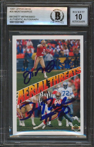 Jerry Rice and Joe Montana Signed 1991 UD #35 Aerial Threats Card w/ Gem Mint 10 Auto! (Beckett/BAS Encapsulated)