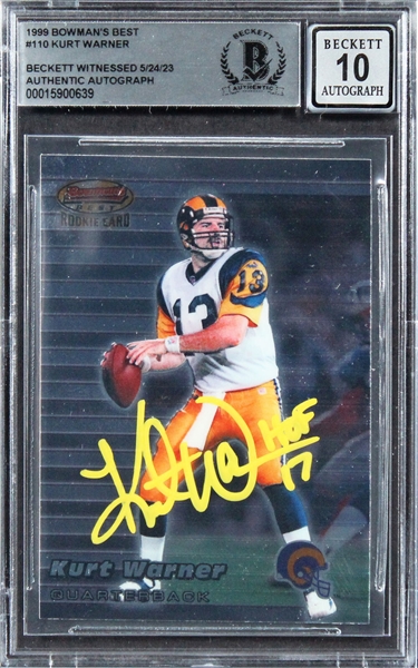 Kurt Warner Signed & Inscribed 1999 Bowmans Best #110 RC w/ Gem Mint 10 Auto! (Beckett/BAS Encapsulated)