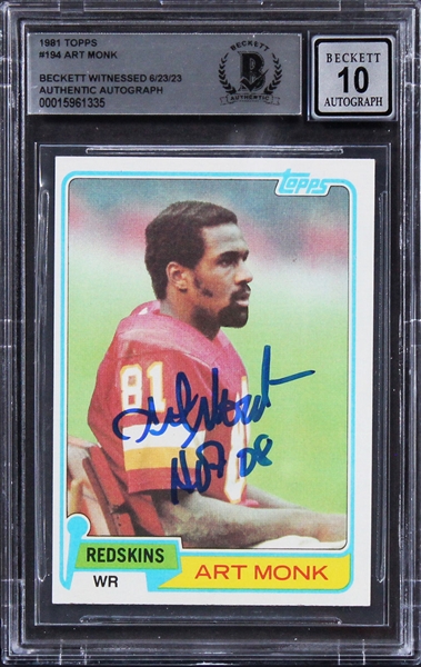 Art Monk Signed & Inscribed 1981 Topps #194 Rookie Card w/ Gem Mint 10 Auto! (Beckett/BAS Encapsulated)