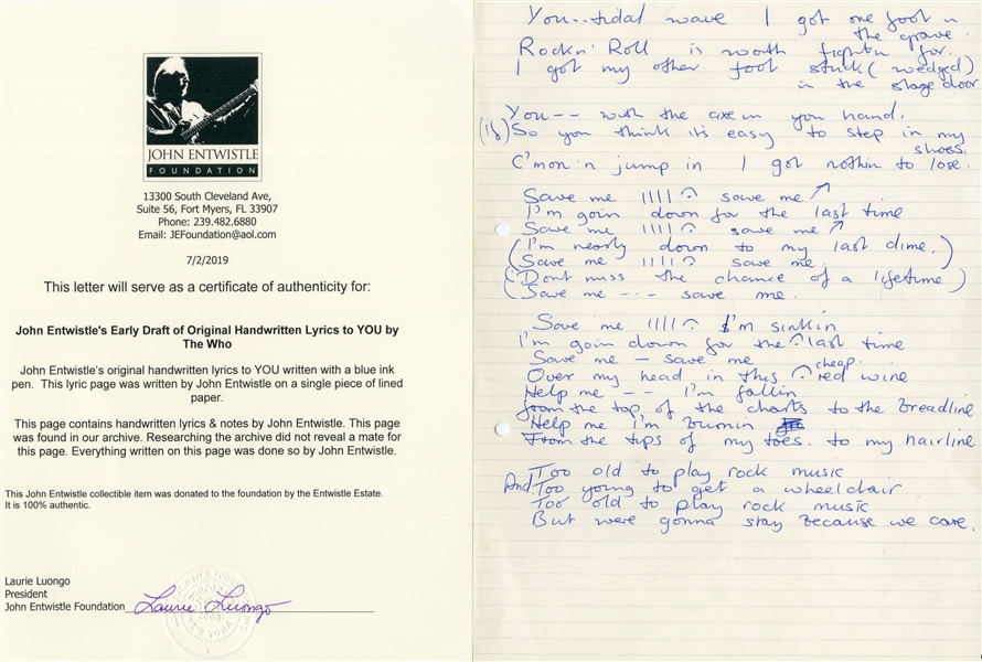 The Who: John Entwistle Handwritten Lyrics for "You" and "Quiet One" & Group Signed Album Cover(Entwistle Foundation LOA)(ACOA)