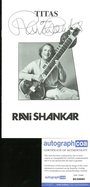 Ravi Shankar Signed 4" x 6" Booklet (ACOA)