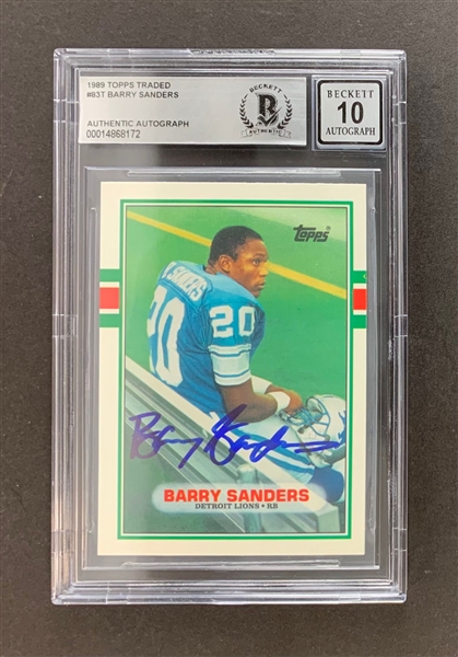 Barry Sanders Signed 1989 Topps Traded #83T Rookie Card w/ GEM MINT 10 AUTO! (Beckett/BAS Encapsulated)
