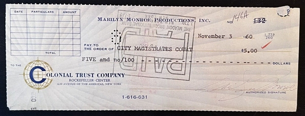 Marilyn Monroe Signed 3" x 8.5" 1960 Bank Check (JSA LOA)
