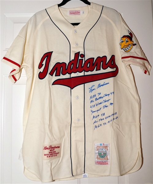 Lou Boudreau Signed Mitchell & Ness Jersey with 7-Hand Written Stats!