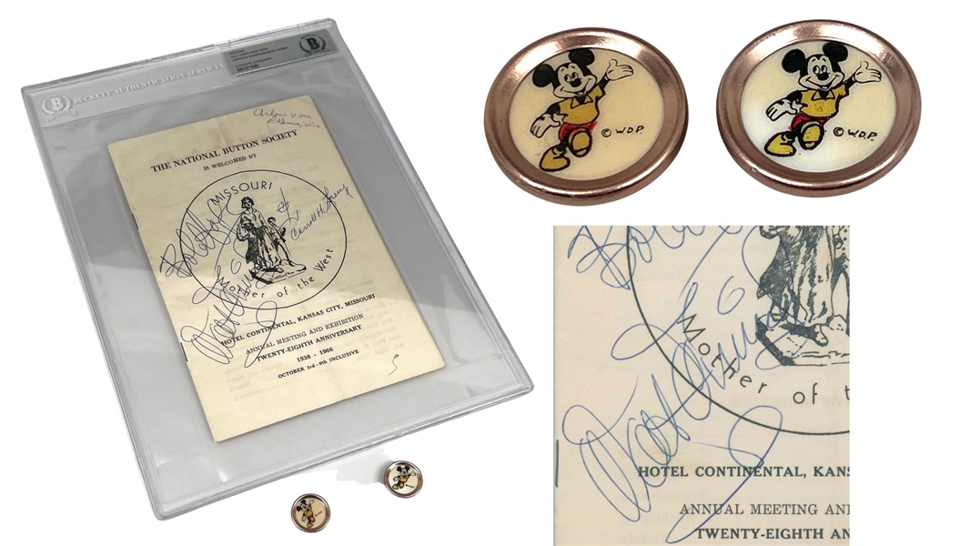 Walt Disney & Bob Hope 1966 “National Button Society” Signed Program w/ Original Buttons & Provenance (Beckett/BAS Encapsulation)