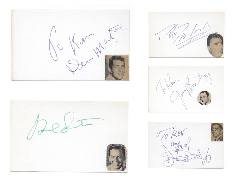 Rat Pack: Sinatra, Davis, Martin, Ect. Set of (5) Signed 5” x 3” Index Cards (PSA Authentication) 