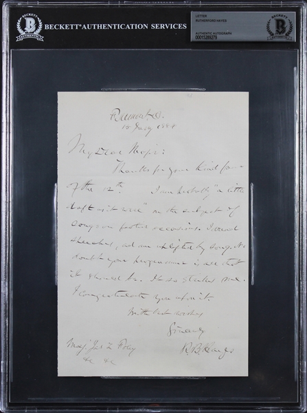 Rutherford B. Hayes Signed 5.5" x 8.25" 1884 Hand Written Letter (Beckett/BAS Encapsulated)
