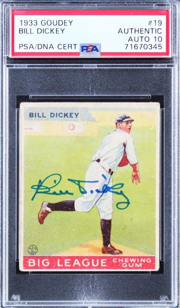 Bill Dickey Signed 1933 Goudey #19 Rookie Card with GEM MINT 10 Autograph! (PSA/DNA Encapsulated) 
