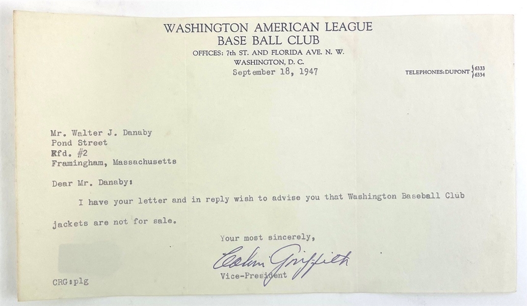 Cal Griffith Jr. Signed Letter on Washington Baseball Club Letterhead (Beckett/BAS) 