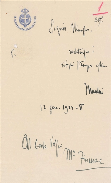 Benito Mussolini Signed 5" x 8" Letter w/ Gem Mint 10 Auto! (Beckett/BAS LOA)