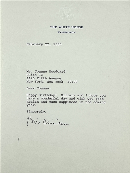 President Bill Clinton Signed White House Letter to Joanne Woodward (Beckett/BAS LOA)