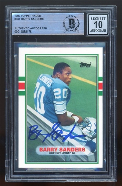 Barry Sanders Signed 1989 Topps Traded #83T w/ GEM MINT 10 AUTO! (Beckett/BAS Encapsulated)