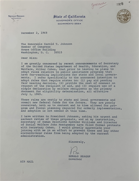 Ronald Reagan Signed 8.5" x 11" Typed Letter Dated 1968 (JSA LOA)