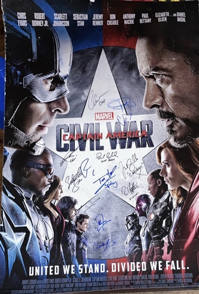RARE! Captain America: Civil War - Full Size, Cast Signed Movie Poster. 15/Sigs including Chadwick Boseman, Robert Downey Jr, Chris Evans and More! (Third Party Guarantee)