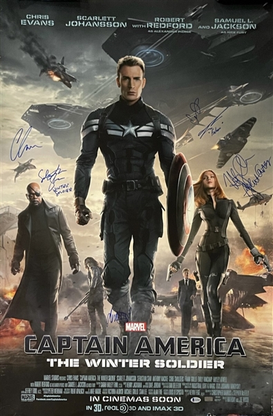 Captain America: Winter Soldier: Full Size Movie Poster Signed by 5/Cast Members Including Samual L Jackson and Chris Evans! (Beckett/BAS)