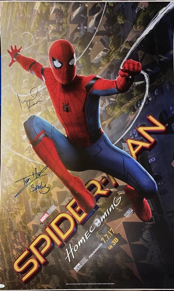 Spider-Man Homecoming Full Size Movie Poster, Professionally Linenbacked and Signed by Tom Holland and Michael Keaton (JSA)