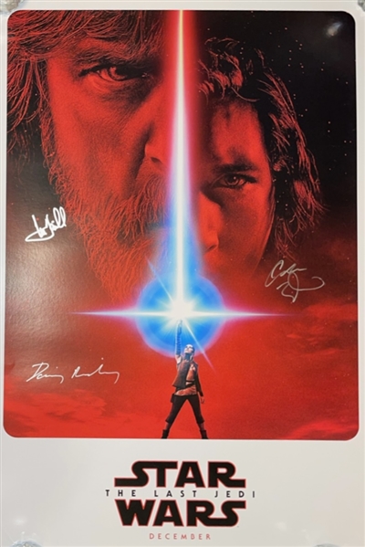 Star Wars Original "Last Jedi" Movie Poster signed by Driver, Ridley and Hamill, Professionally Linenbacked (JSA)