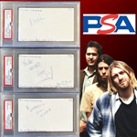 Nirvana Group Signed 3" x 5" Index Card Lot of Three w. Kurt, Krist, & Grohl (PSA/DNA Encapsulated)