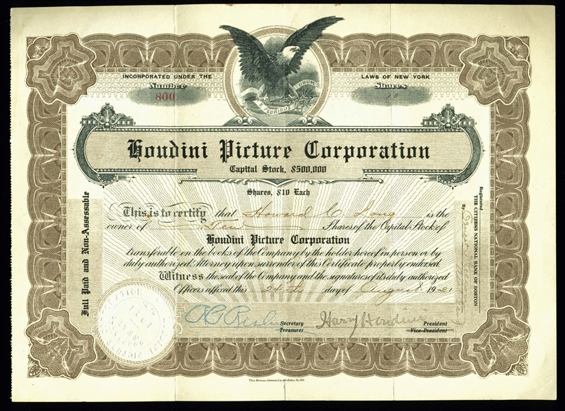 Harry Houdini Signed Houdini Picture Corporation Stock Certificate (BAS/Beckett)