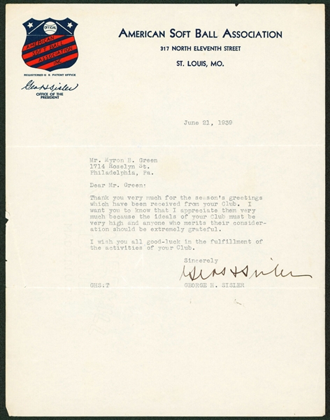 George Sisler Signed Letter as President of American Soft Ball Association (PSA/DNA LOA)