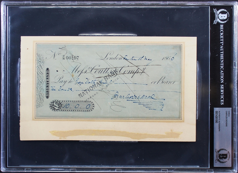 Charles Dickens Signed 1866 Handwritten & Signed Bank Check (Beckett/BAS Encapsulated)