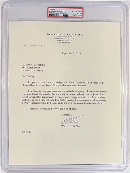 Warren Buffett Signed Letter with Reference to Bill Gates on Berkshire Hathaway Letterhead! (PSA/DNA Encapsulated)