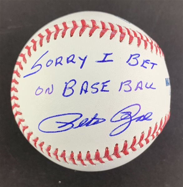 Pete Rose Signed OML Baseball with "Im Sorry I Bet on Baseball" Inscription (Pete Rose Sticker)