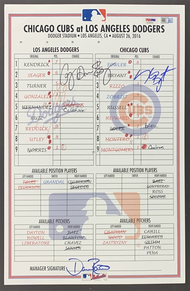 Corey Seager (NL ROY), Kris Bryant (NL MVP), & Dave Roberts (NL MOY) Signed & Game Used 2016 Lineup Card (MLB Holo)(PSA/DNA)
