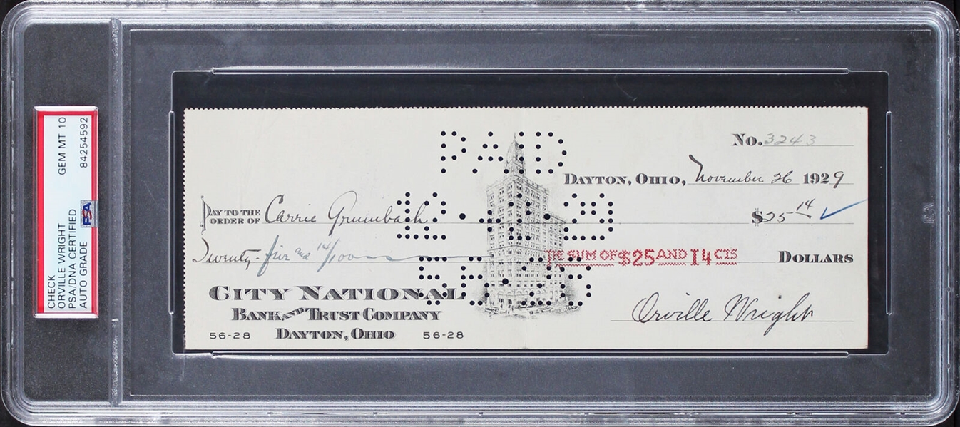 Orville Wright Signed Bank Check with GEM MINT 10 Autograph (PSA/DNA Encapsulated)