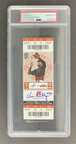 Vin Scullys Last Call: Vin Scully Signed Final Dodgers Broadcast 2016 Ticket w/ Gem Mint 10 Auto! (PSA/DNA Encapsulated)
