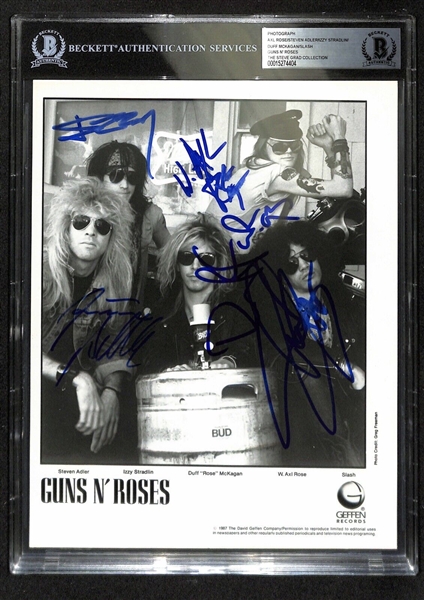 Guns N Roses Group Signed 8" x 10" Geffen Records Promo Photo with Original Lineup! (Beckett/BAS Encapsulated)(Grad Collection)