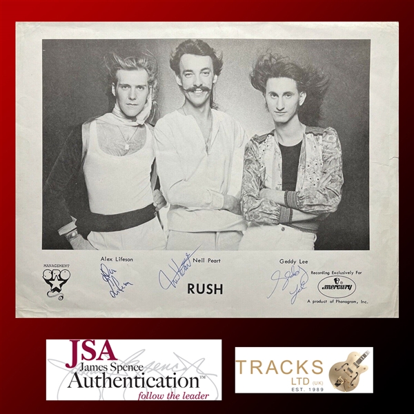 Rush RARE Signed 8.5" x 11" Mercury Records 1976 Promotional Photograph with Early Autographs (JSA & Tracks UK LOAs)