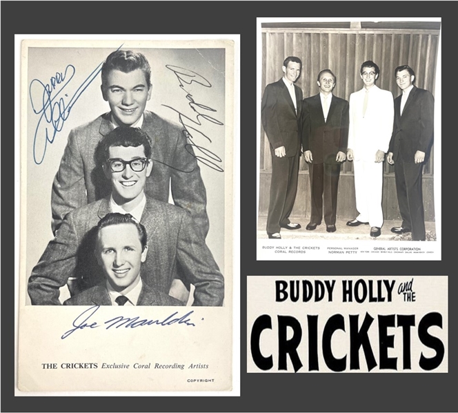 Buddy Holly & The Crickets (Lot of 2) Original Signed Coral Records Promo Photo Card w/ Original 1958 Publicity Photo (Beckett/BAS)