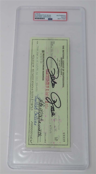 Pete Rose and Bart Giamatti Signed 1986 National League Check (PSA/DNA Encapsulated)(JSA COA) 