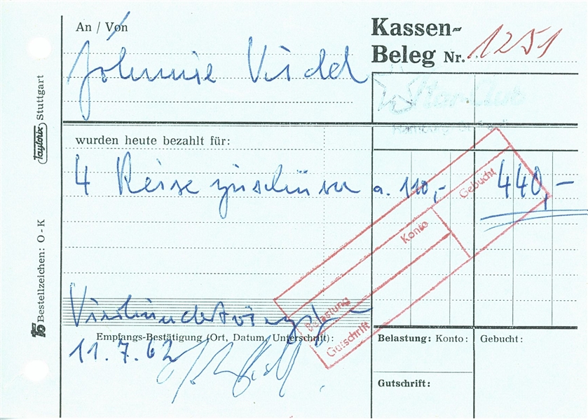 Johnny Kidd Signed Hamburg Star Club Cash Settlement Document (Third Party Guaranteed)