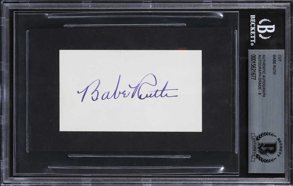 Babe Ruth Signed 2" x 3.5" Card with Exceptionally Fine Autograph - Beckett/BAS Graded MINT 9 Auto!