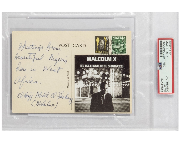 Malcolm X Handwritten & Signed Nigerian Postcard with ULTRA RARE Full Muslim Signature (PSA/DNA Encapsulated & LOA)