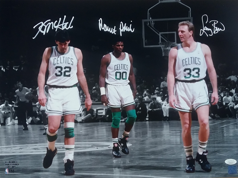 Celtics: Larry Bird, Kevin McHale & Robert Parish Signed 16" x 20" Photo (JSA Witnessed)