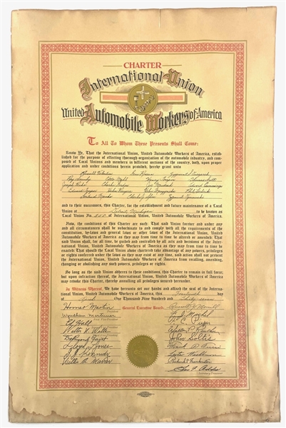 Original 1937 Charter Document Establishing a new chapter under the UAWA in Detroit