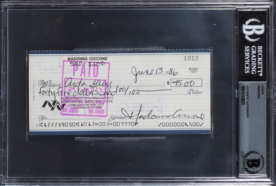Madonna Handwritten & Signed Personal Bank Check from 1986 (Beckett/BAS Encapsulated)