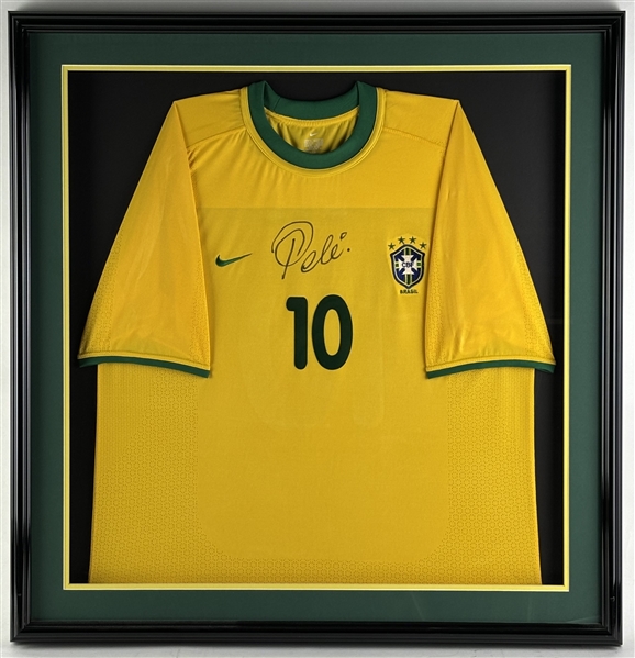  Pele Signed Yellow Brazil Jersey in Framed Display (Third Party Guaranteed)