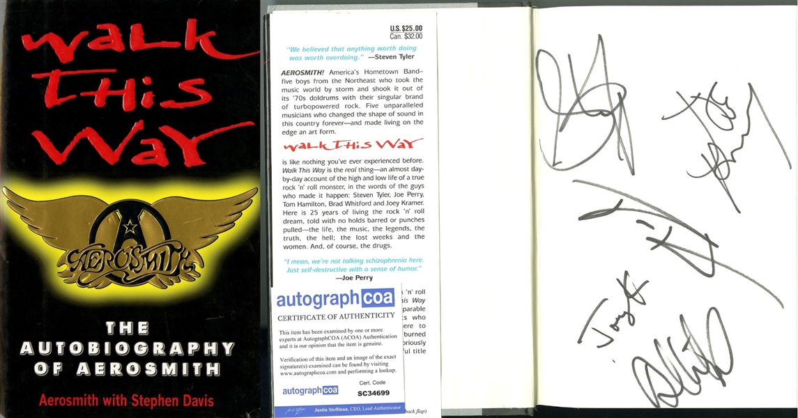 Aerosmith: Group Signed "Walk This Way" Hardcover Book (5 Sigs)(ACOA)